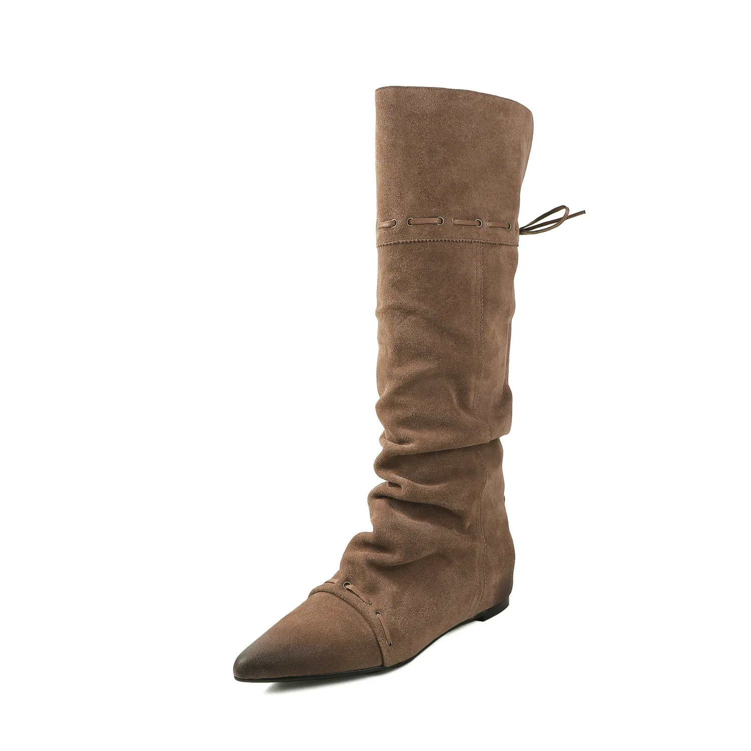 Arden Furtado Autumn Cow suede Increased Internal Western boots Pointed toe Slip-on Middle heel Knee high boots Pleated boots