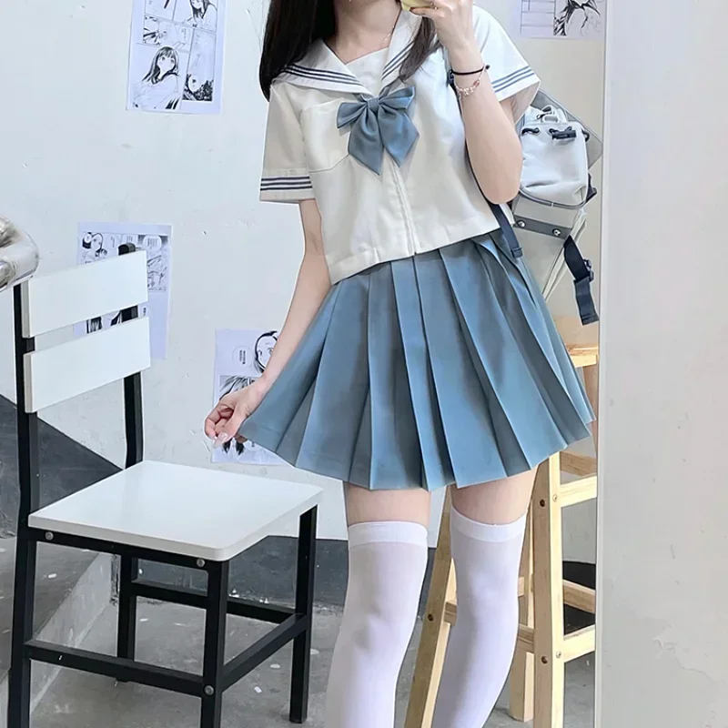 2024 New Japanese JK Uniform Preppy Style Summer and Autumn Blue White Long Short Sleeves Top Pleated Skirt Bow Suit For Girls