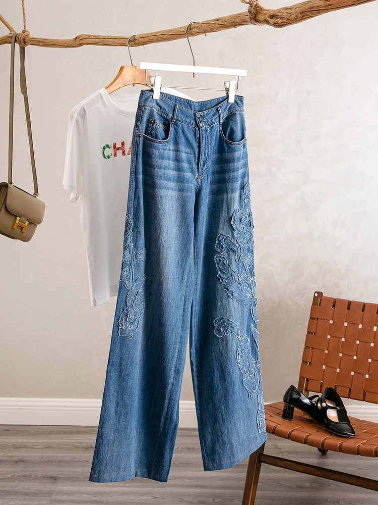 

Ультрамягкие джинсы с высокой талией и прямыми штанинами YongLeap: Новинка Весна-Лето, Изысканная Вышивка, Универсальные, Повседневные, Синий Деним