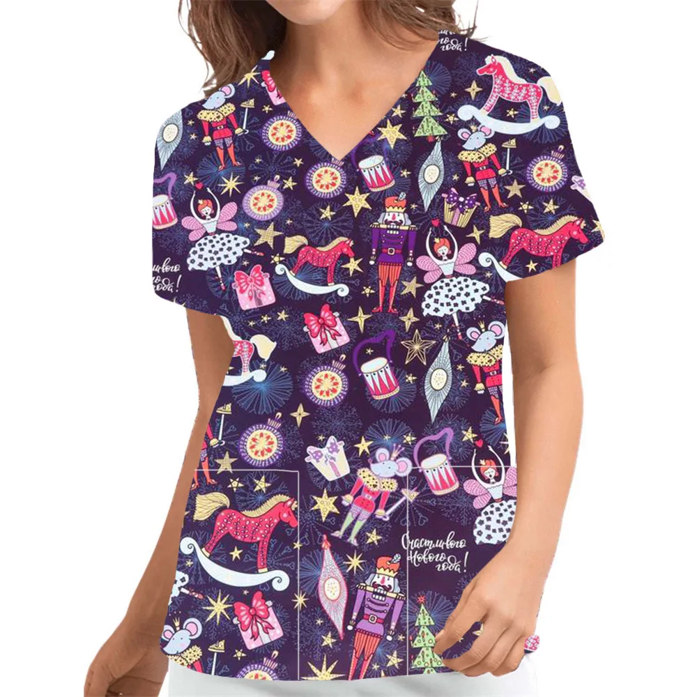 

Women's Scrub Medical Uniforms V-Neck Short Sleeve Spa Workwear Animated Prints Pocket Workwear Dentist Doctor Nurse Uniform