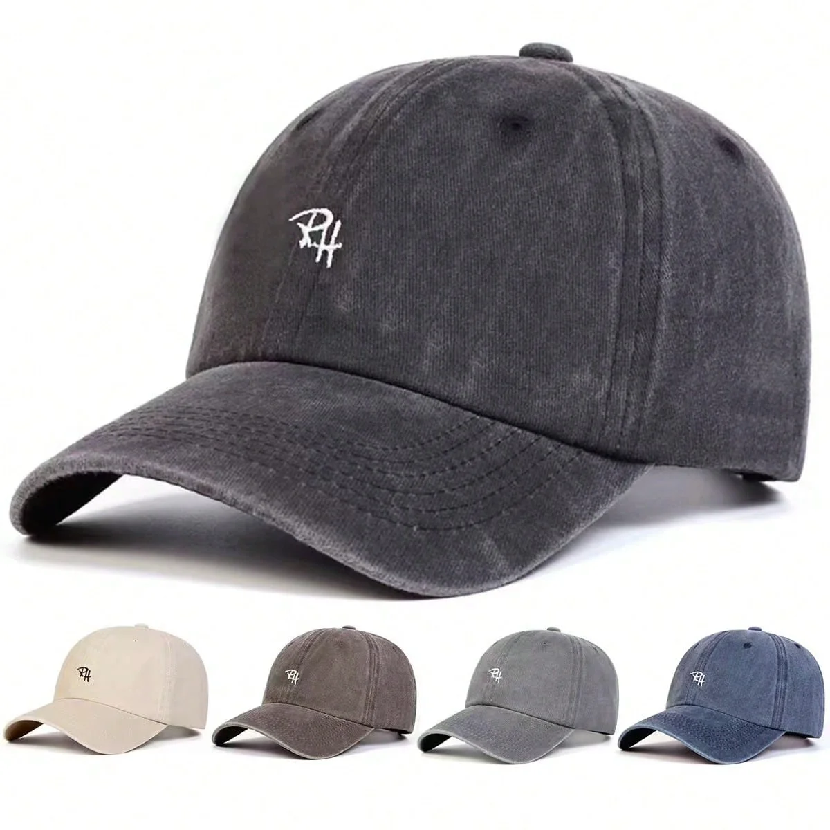 Unisex RH Letter Embroidery Wash Baseball Caps Spring and Autumn Outdoor Adjustable Casual Hats Sunscreen Hat