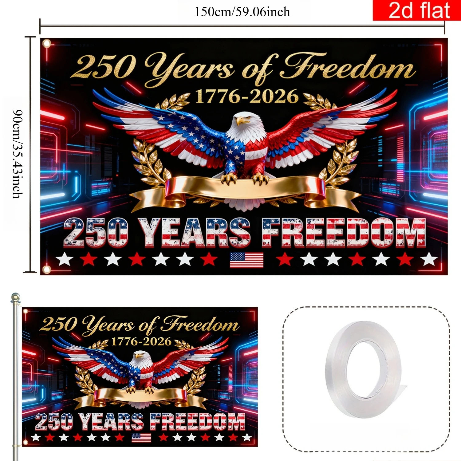 1pc Cyber Neon Black Golden tapestry American 250years of Independence Day Flag Banner, 1776-2026
