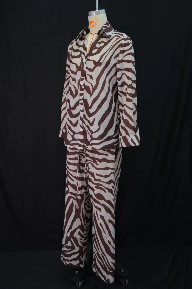 Damen Zebra-Gestreiftes 2-Teiliges Set Langarm-Hemdbluse mit Knöpfen Hochgeschnittene Hose mit Weitem Bein und Kordelzug Lässiges Outfit – Detail 3