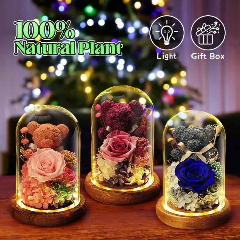 

E2 LED Preserved Roses in Glass Dome Eternal Natural Flowers Forever Love Wedding Favor For Woman Mother Valentine Day Gift Bear