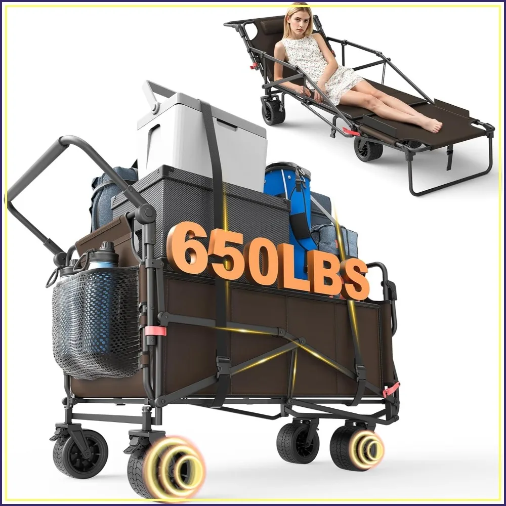 Heavy Duty Folding Wagon, 2-in-1 Collapsible Cart, All-Terrain Wheels with Brakes, 650 lb