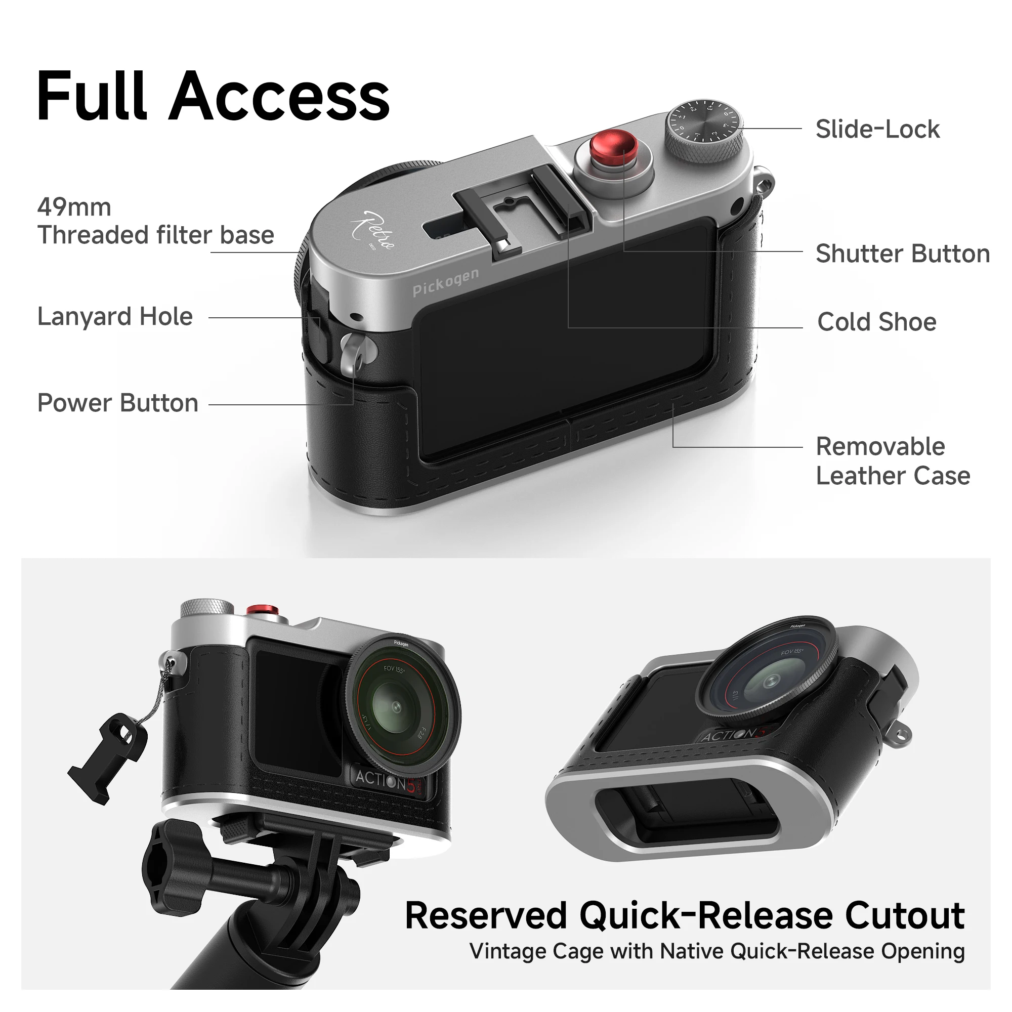 PICKOGEN Retro-Kamerakäfig für DJI Osmo Action 3 4 5 Pro, Aluminiumrahmen mit Kaltfuß, 49-mm-Filteradapter und Nackenband – Detail 5