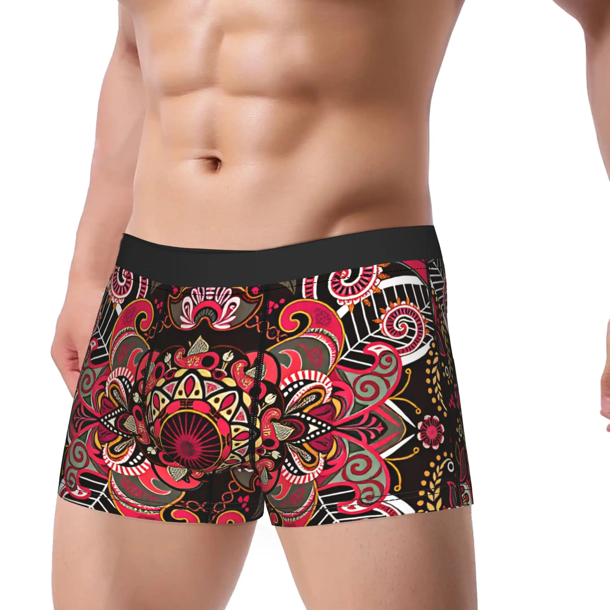 Red Black Boho Floral Symmetric Underwear  Men Underpants Pattern Breathable Boxershorts Quality Boxer Brief Plus Size