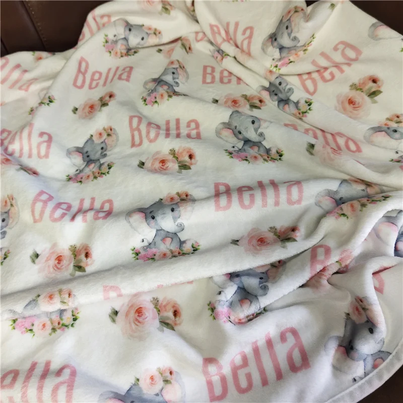 Name Personalized Baby Blanket Swaddling Baby Bedding Crib Swaddle Elephant Custom Newborn Gift Baby Blanket Birthday Gift