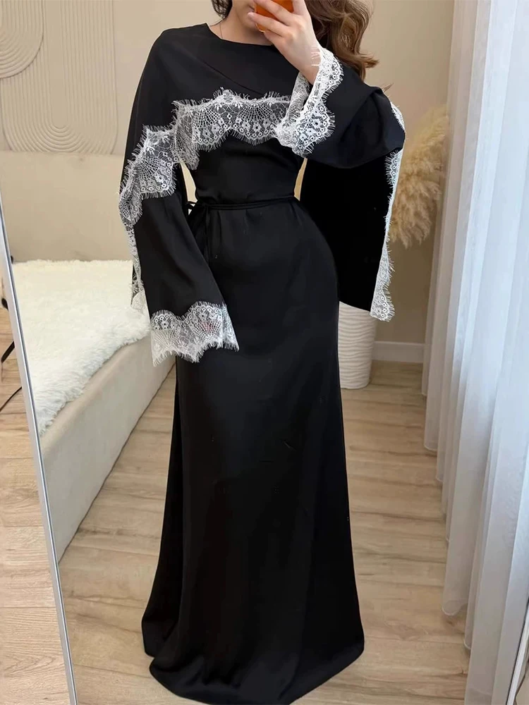 

Новое вечернее платье с круглым вырезом, кружевными вставками и атласной отделкой, с завышенной талией, облегающее бедра, для банкетов, элегантное, с цветовыми блоками