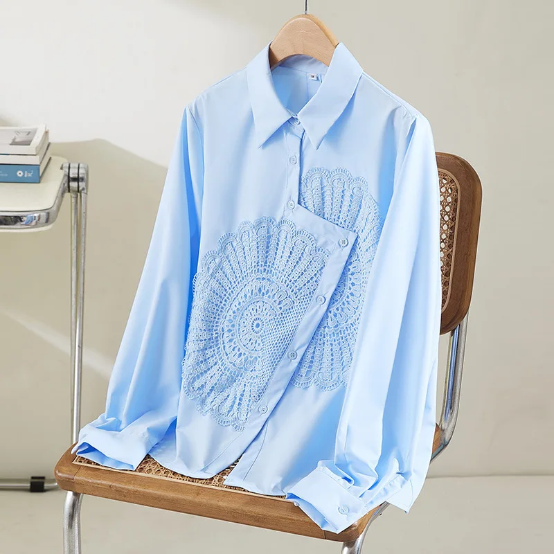 

Женская белая хлопковая рубашка с длинным рукавом и вышивкой, современный свободный крой, городской стиль, весна-осень, модная