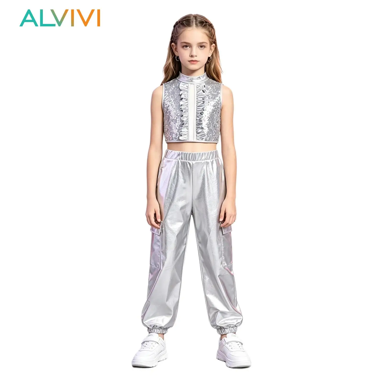 

Kids Girls Jazz Dance Performance Outfit Hip Hop Costume Back Invisible Zipper Sequin Crop Top with Cargo Trousers Dancewear
