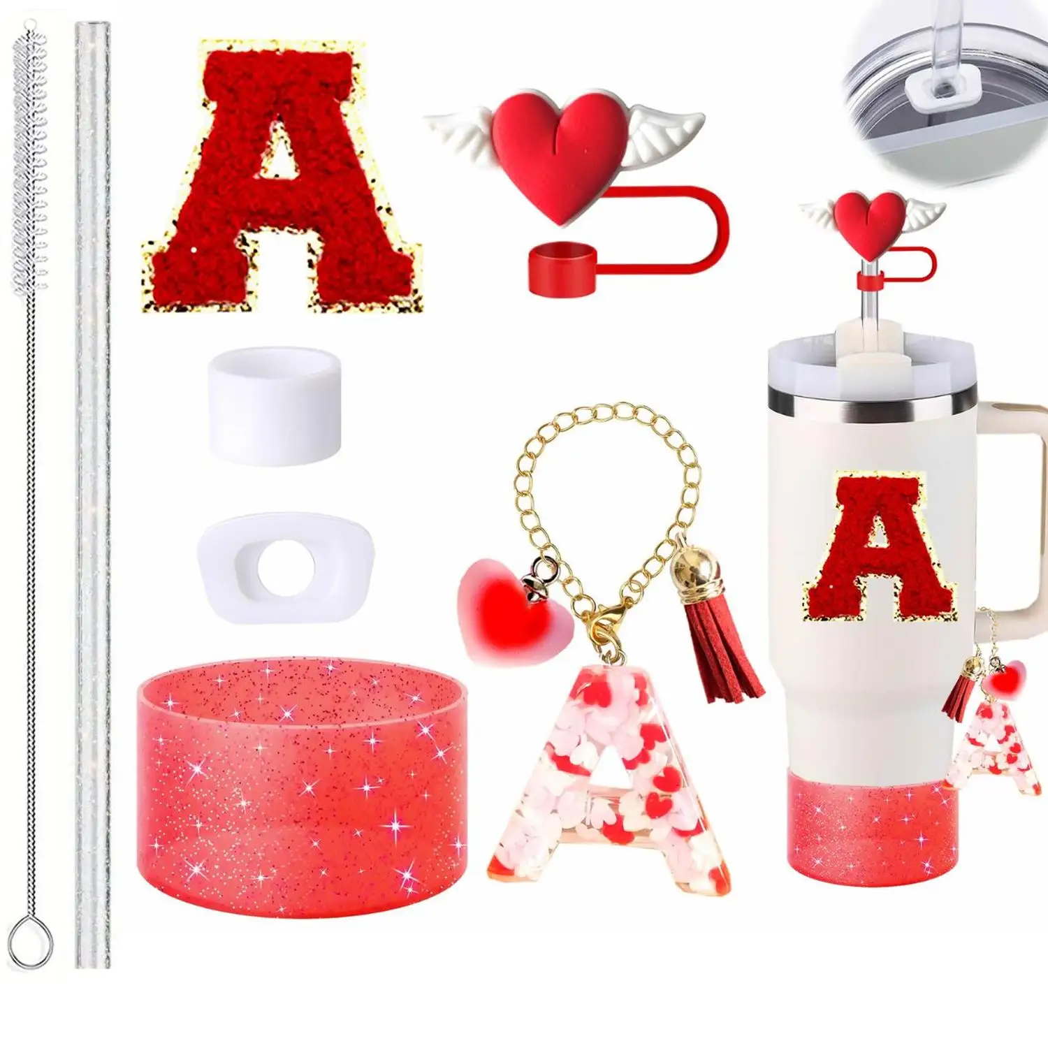 26 Letter Heart Tassel Pendant Leak-proof for Stanley Decoration Plug Wing Heart Straw Topper for Beverages