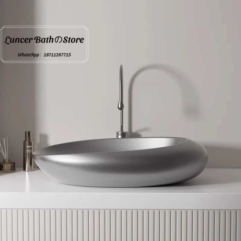 Luxury Gunmetal Gray Art Ceramic Sink, Stylish Designer Countertop Vessel Basin for Household & Hotel Bathroom