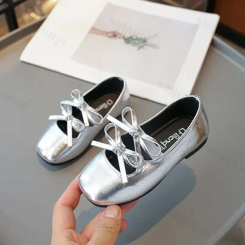Princess Shoes for Girls New 2025 Fashion Double Bowknot Chic Children Mary Jane Shoes Gold Sliver Square Toe Elegant Kids Flats