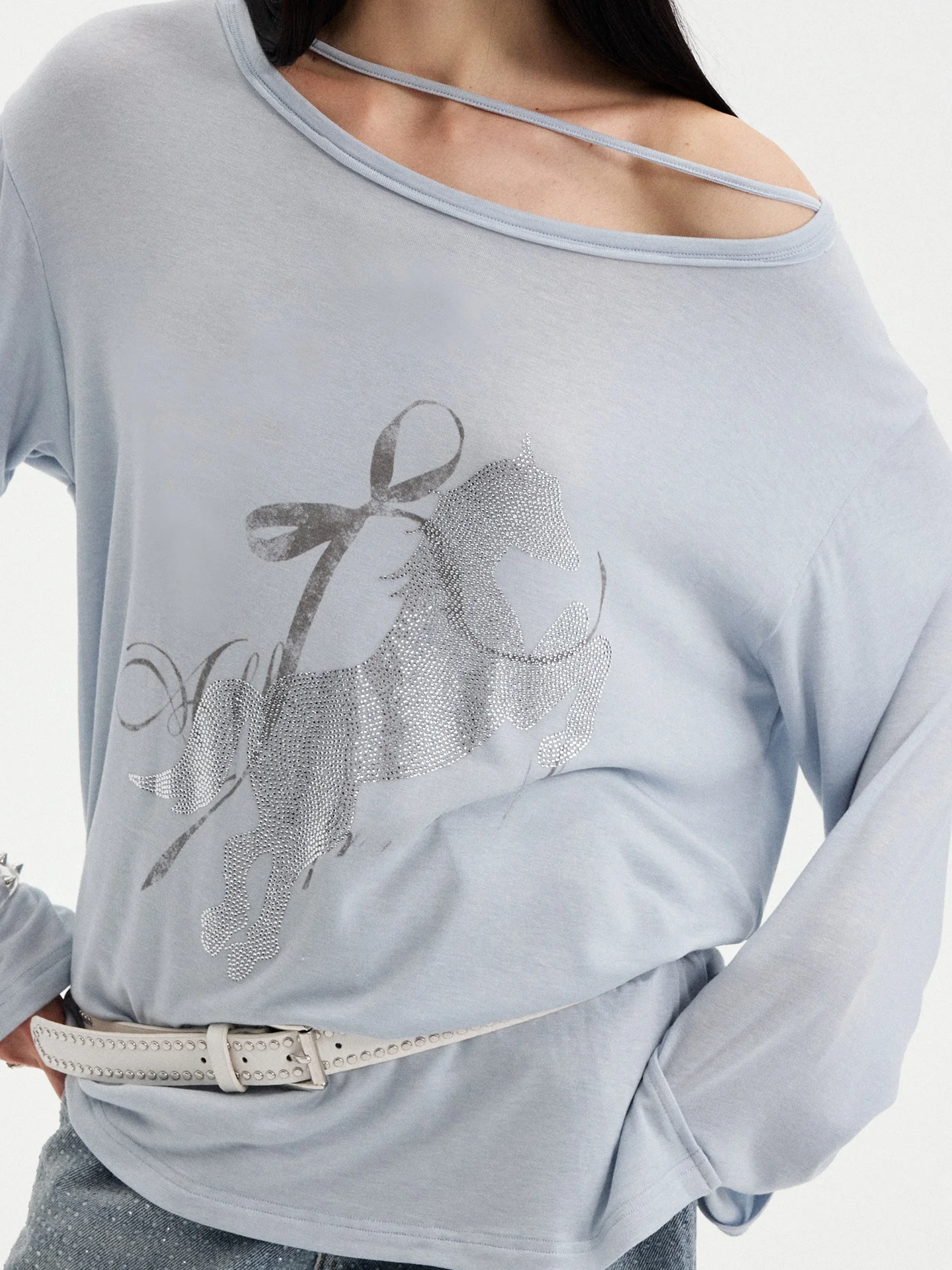 DIDDI MODA Women's Vintage Letter Rhinestone Long Sleeve T-Shirt Casual Loose Fit Shoulder Style Summer New Arrival