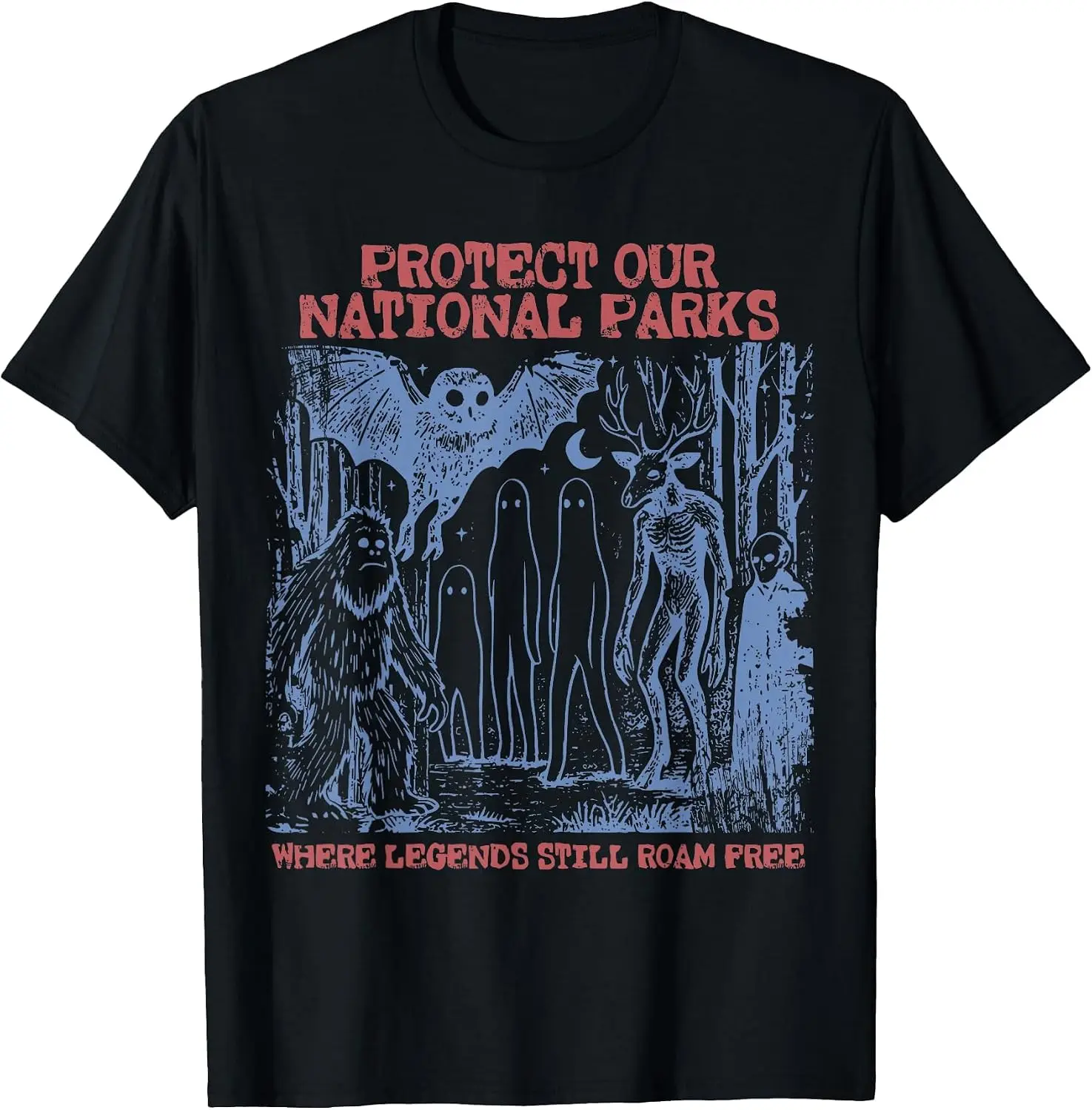 Protect Our National Parks Mothman Cryptid Weirdcore Horror T-Shirt Men Casual Graphic Print T‑Shirt Crew Neck Short Sleeve Vintage Street Style Soft Fabric Daily Wear Tops.holiday festive,party wear,theme print tee.