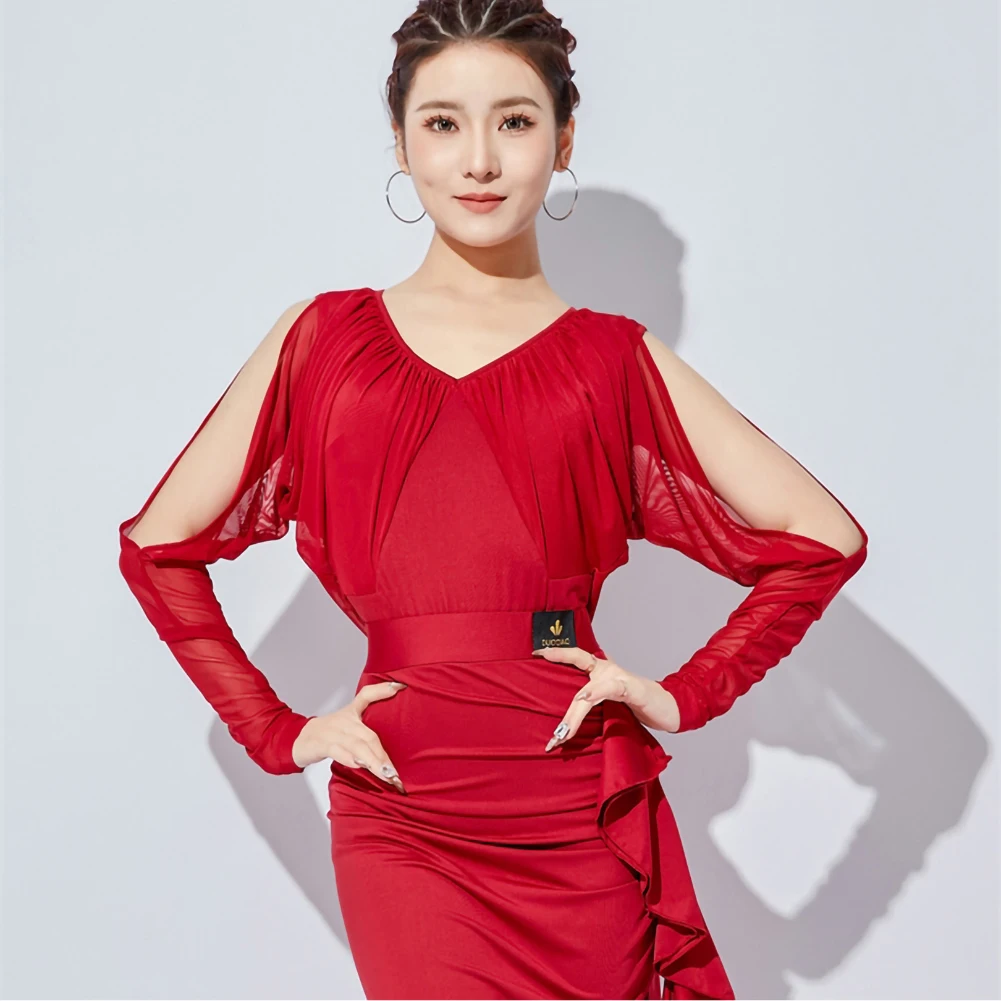 

V-Neck Samba Black Dance Ladies' Top Prom Latin wine red Long Sleeve Dancing Sexy jumpsuit Dance Suit Performance Shirt