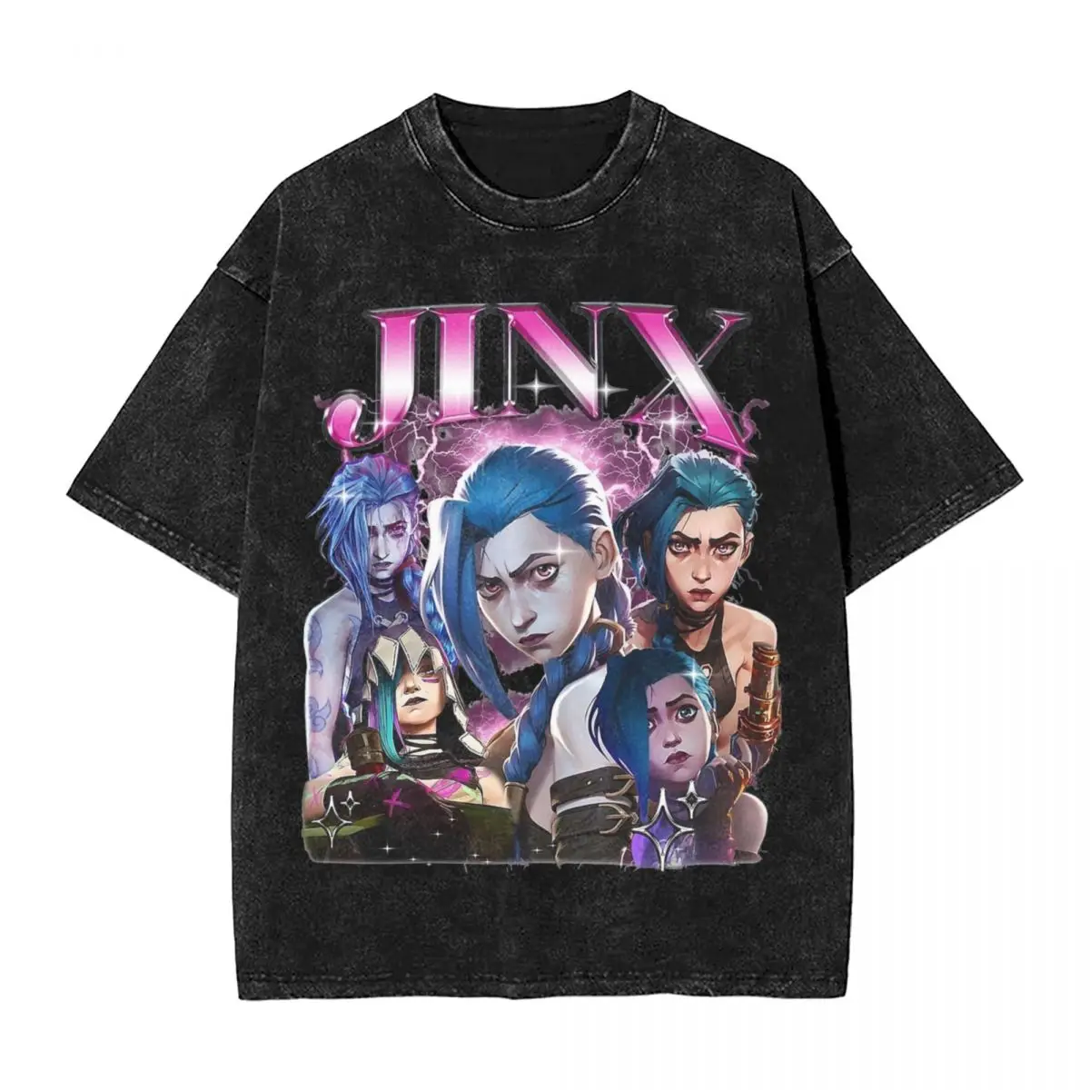 Jinx Arcane T Shirt Hip Hop Washed T-Shirt Jayce Caitlyn Viktor Jesus Vi Sevika Movie Vintage Men Streetwear Printed Tees