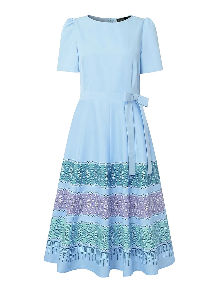 ZANZEA 우아한 여성 미디 드레스 여름 반팔 프린트 오피스 드레스 2025 캐주얼 루즈 패션 하이 웨이스트 리본 파티 드레스