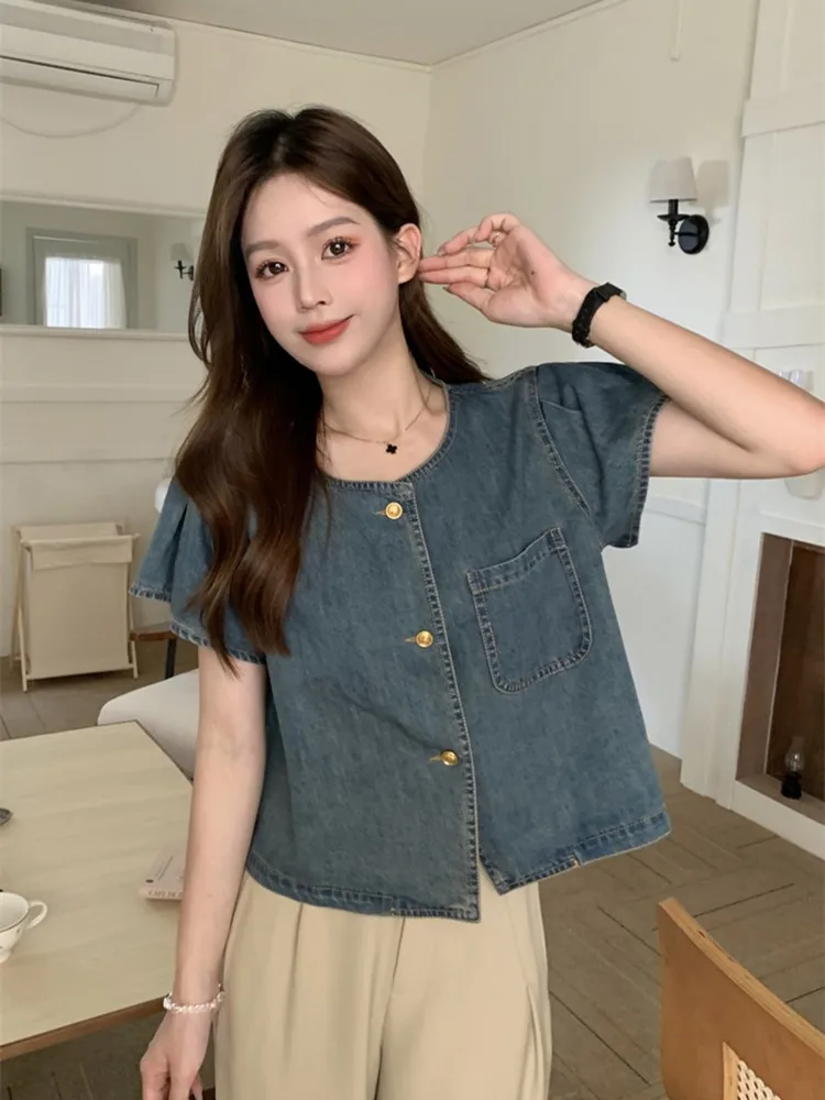 Korean style Retro Women Denim Tees Solid O-neck One Breasted Casual Tops Shirt Female Summer Fashion T-shirt