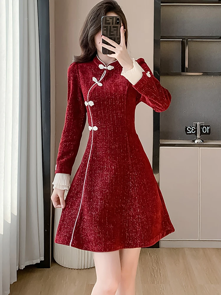 Czerwona sukienka mini z długim rękawem i stójką, dopasowana do ciała, elegancka, luksusowa, idealna na imprezę, jesień-zima, koreański szyk, sukienki na studniówkę, 2025