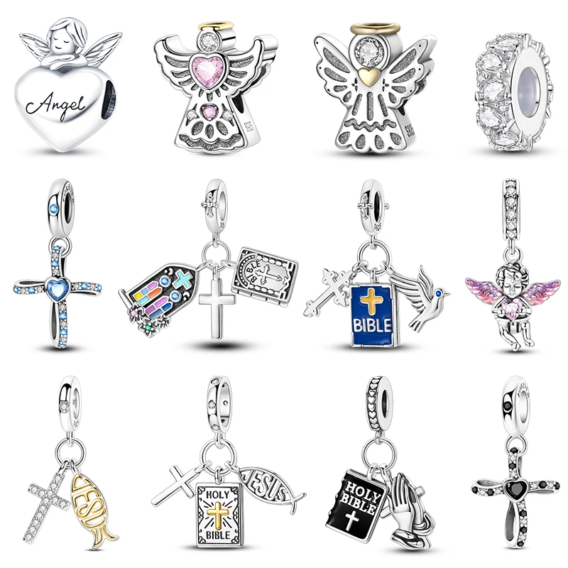 2025 neue 925 Silber Farbe Engel Gebet Kreuz Bibel Serie Charms Perlen Fit 3mm 925 Original Armbänder DIY Ostern schmuck Geschenke