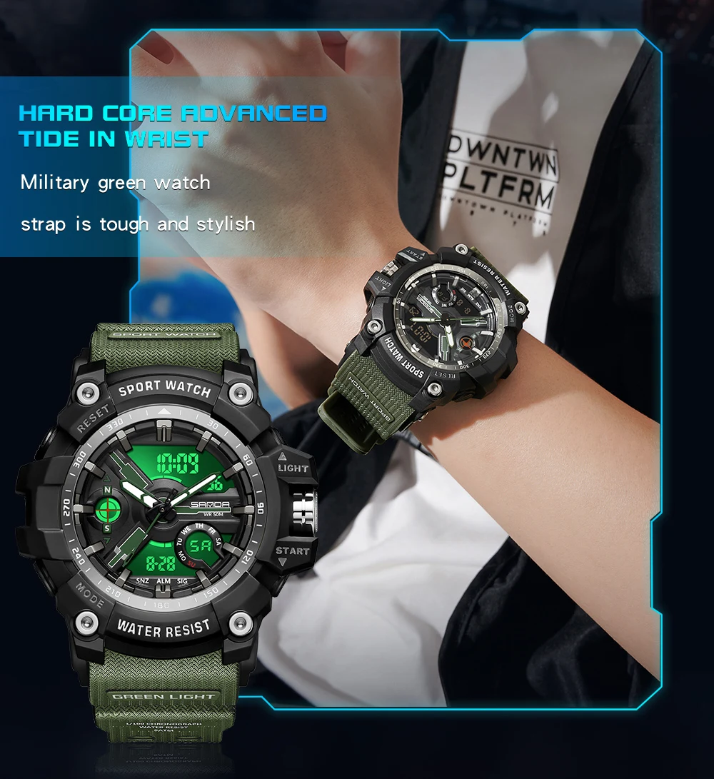 SANDA jam tangan Digital LED pria, arloji Militer gaya G Quartz Analog tahan air olahraga