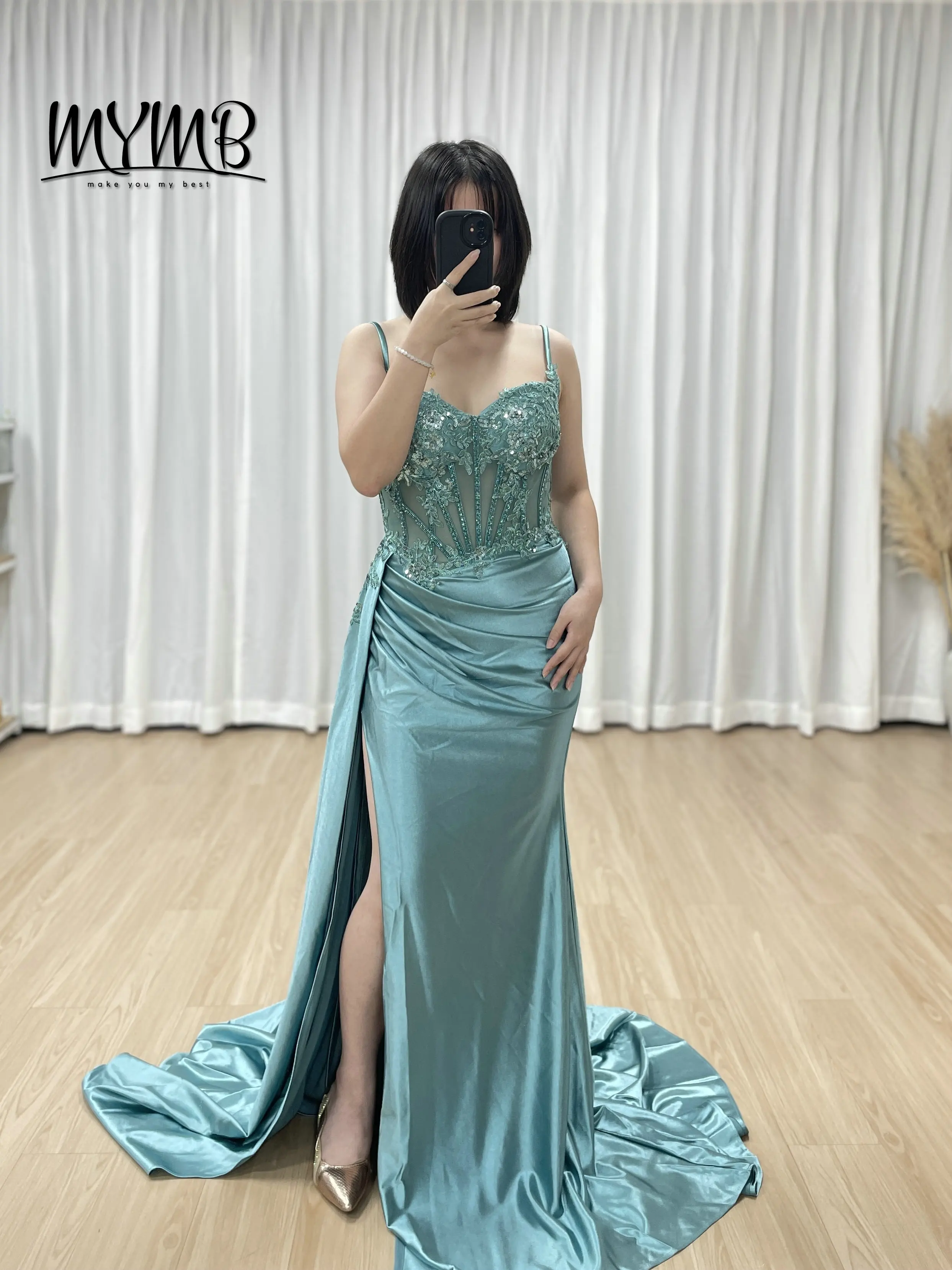 

MYMB Sexy High Slit Spaghetti Strap Graceful Side Skirt Mermaid Evening Dress Embellished Beautiful 3D Floral Embroidery MB40424