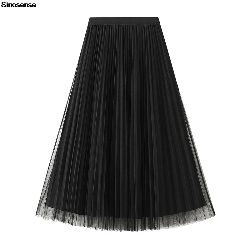 Women's Reversible Solid Black Midi Long Shirring Pleated Skirts High Elastic Waist A Line Elegant Daily Wear Work Tulle Skirt