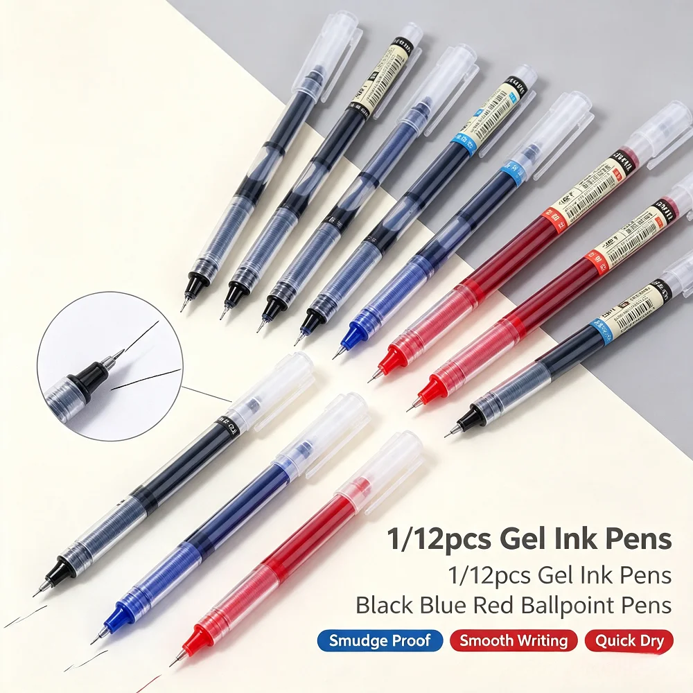 1/12pcs Black/Blue/Red Gel Ink Pens Ballpoint Students Stationery School Office Writing Tool Smudge Proof Signatuses Pen