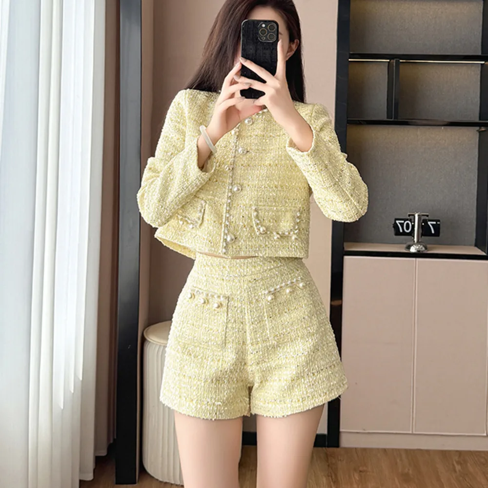 خريف جديد الفرنسية الراقية دعوى الاجتماعية الحلو معطف قصير أعلى عالية الخصر ضئيلة مجموعة تي شيرتات قصيرة للأطفال أنيقة قطعتين مجموعات ملابس النساء