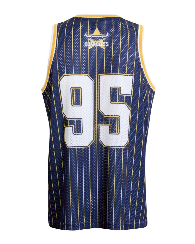 Männer Frauen Kinder NRL Cowboys 95 # Retro-Basketball-Tanktop in Marineblau, ärmelloses Jersey, Vintage-Nadelstreifen-Design, Trainings- und Fan-Sport-Tanktop – Detail 4