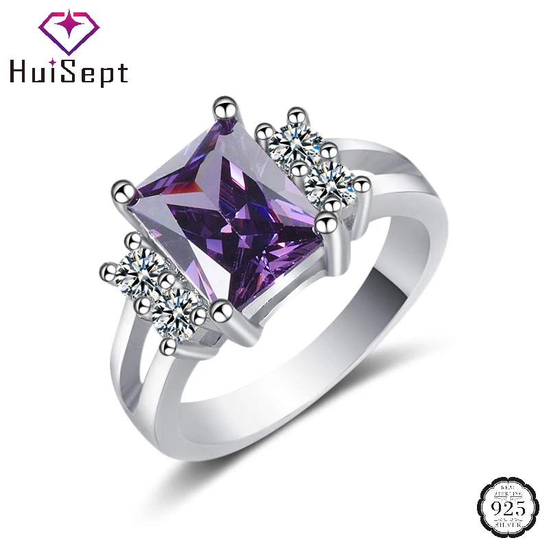 HuiSept Finger Rings 925 Silver Jewelry with Amethyst Zircon Gemstone Ring Accessories for Women Wedding Party Gift Wholesale