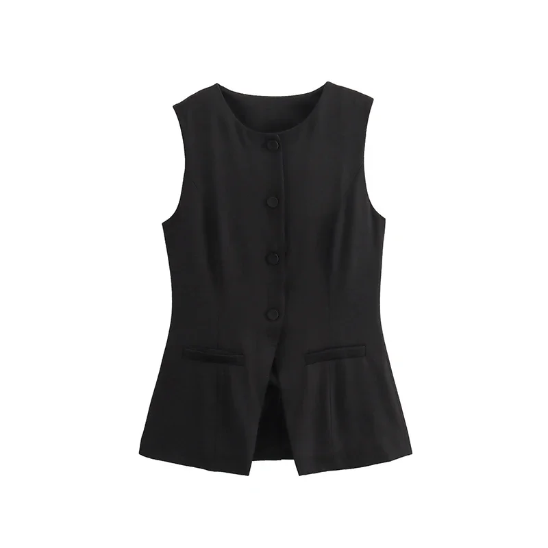 Gilet con decorazione bottoni alla moda per donna Gilet estivo senza maniche con scollo a O Capispalla femminile casual Top chic