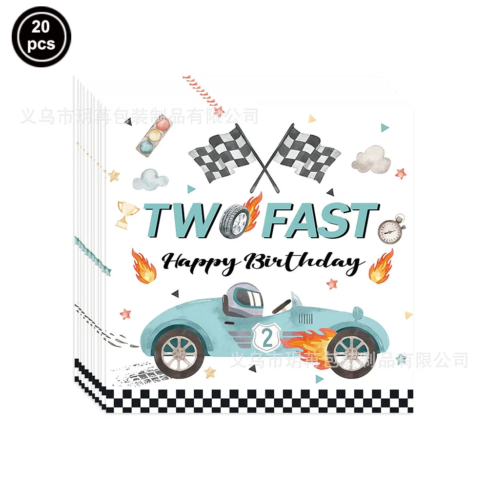 Rennwagen-Thema, zwei schnelle Jungen, Partydekorationen zum 2. Geburtstag für Rennwagen, karierte Flaggen, Rennrad, Einweggeschirr – Detail 2
