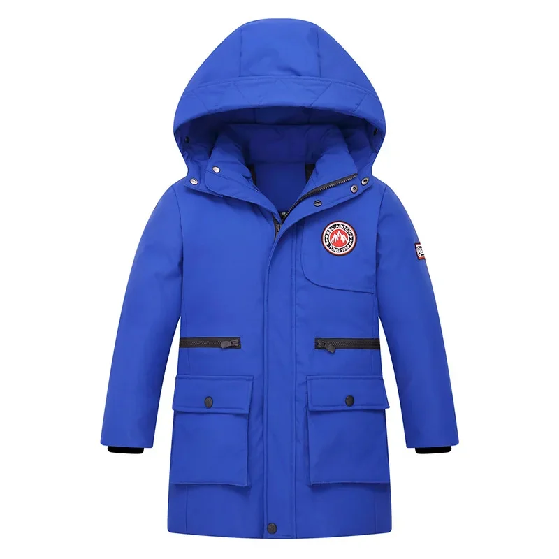 Kids Boys Girls Long Loose Thick White Duck Down Black,Blue,Red Baby Coat, Teenagers Hooded Padded Jacket Clothes Winter