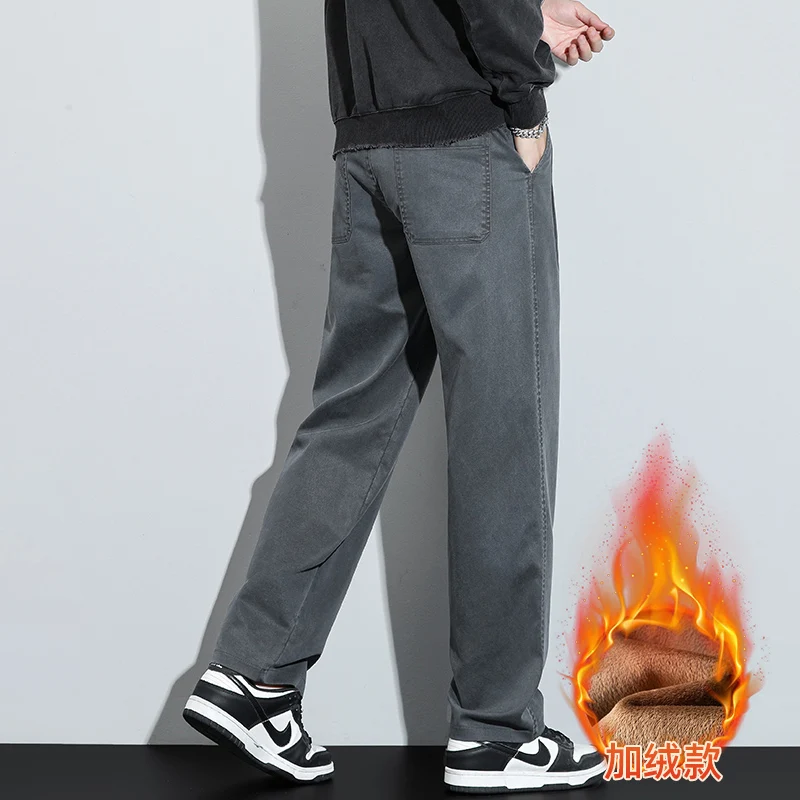 กางเกงคาร์โก้ขายาวทรงหลวมขาตรงบุขนไลโอเซลล์สำหรับผู้ชาย ฤดูใบไม้ร่วง ฤดูหนาว ปี 2025 กางเกงลำลองอุ่นสบาย ไซส์ใหญ่พิเศษ 5XL