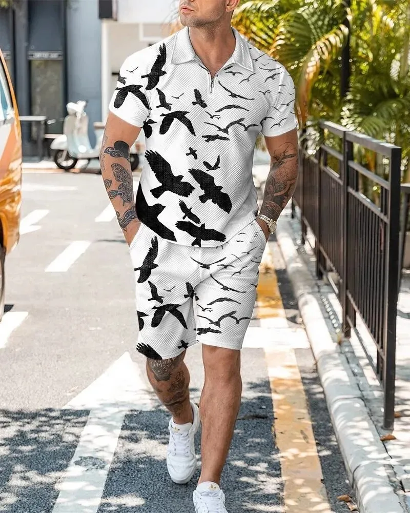 

Новые летние модные мужские спортивные костюмы с принтом, повседневная рубашка-поло на молнии и шорты, комплекты из 2 предметов, трендовая уличная одежда с животными