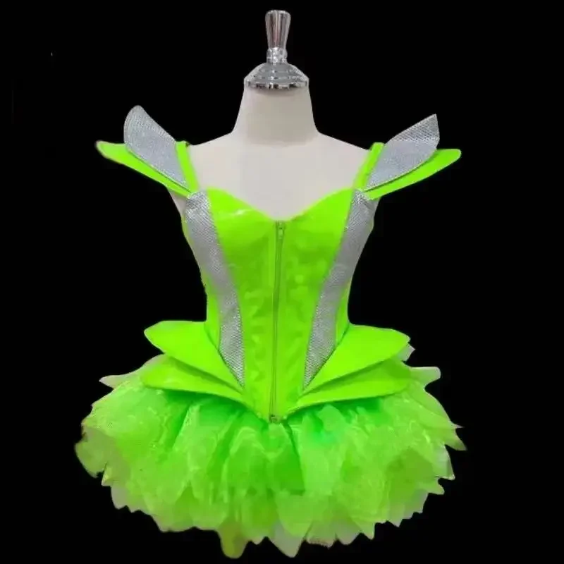 

Sliver Gold Green Laser Fly Shoulder Bubble Dress Bar Nightclub Singer Dance Stage Wear Women Festival Party Rave Costume