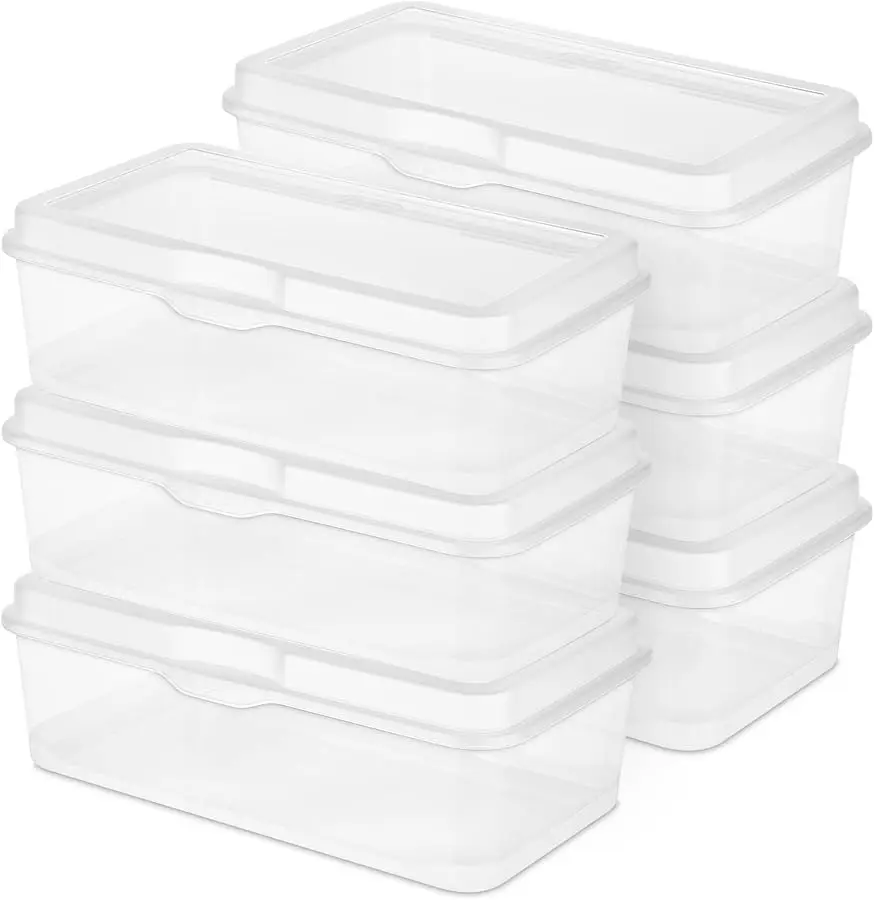

6-Pack Rectangular Large FlipTop, Clear Plastic Storage Box with Hinged Lid - Stackable Multipurpose Organizer for Art and Craft