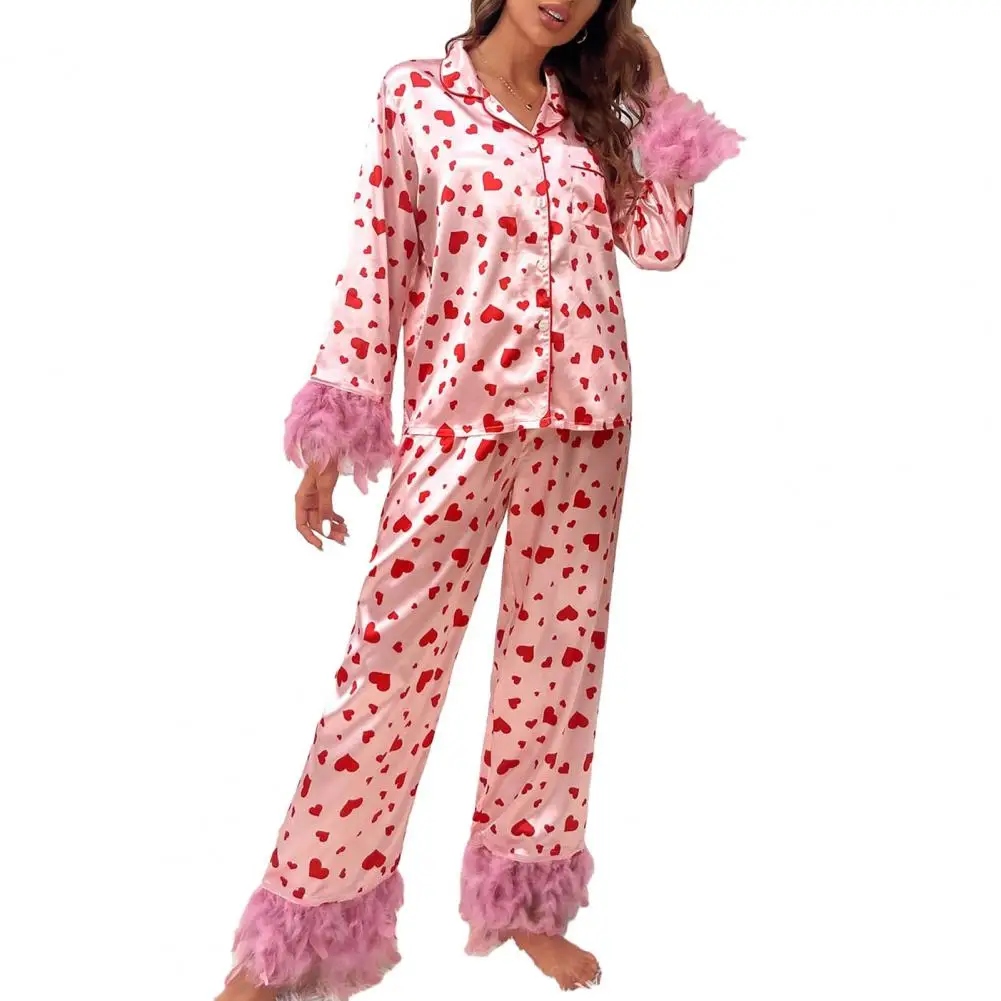 

Sweet Love Print Pajamas Women's Heart Print Pajama Set with Fluffy Feather Decor Wide Leg Elastic Waist Spring Fall for Women