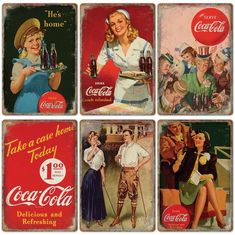 Vintage Cola Logo Metal Poster Retro Decorative Cola Tinplate Plaque Wall Frameless Decoration Suitable for Cafe Restaurant Bar