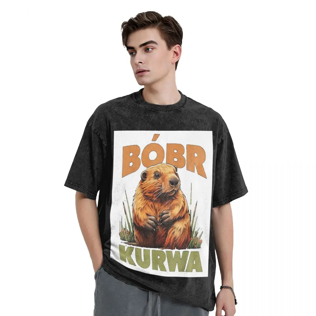 Bober Bbr Beaver Washed T Shirts Vintage Short Sleeve Hip Hop T-Shirt Streetwear Tops Tees for Men Women
