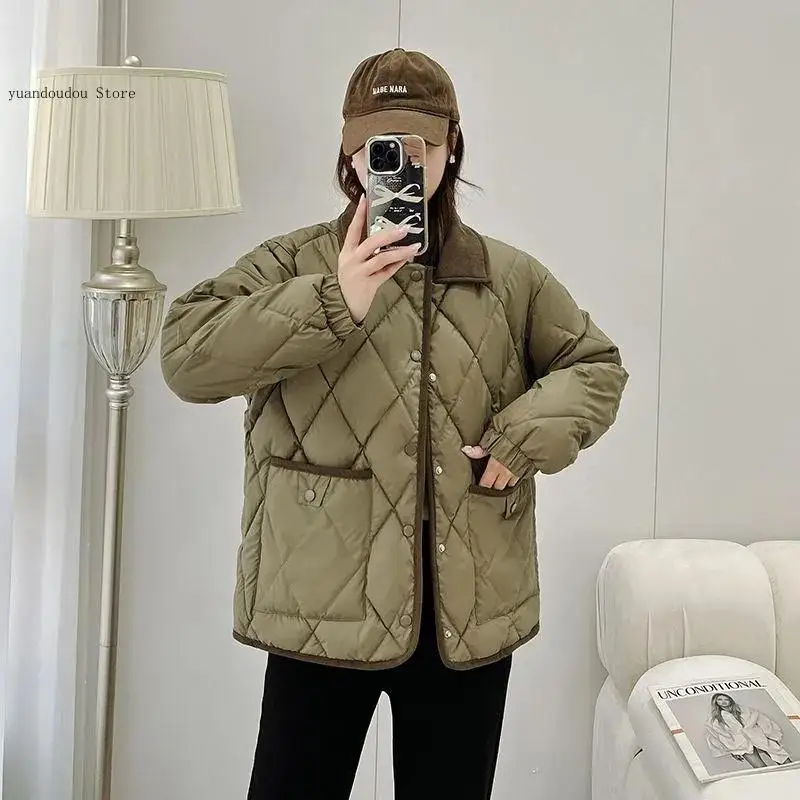Women's Rhombic Lattice Short Coats Female Warm Outerwear No-Wash Parkas Autumn Winter Overcoat Pu Leather Cotton-Padded Jacket
