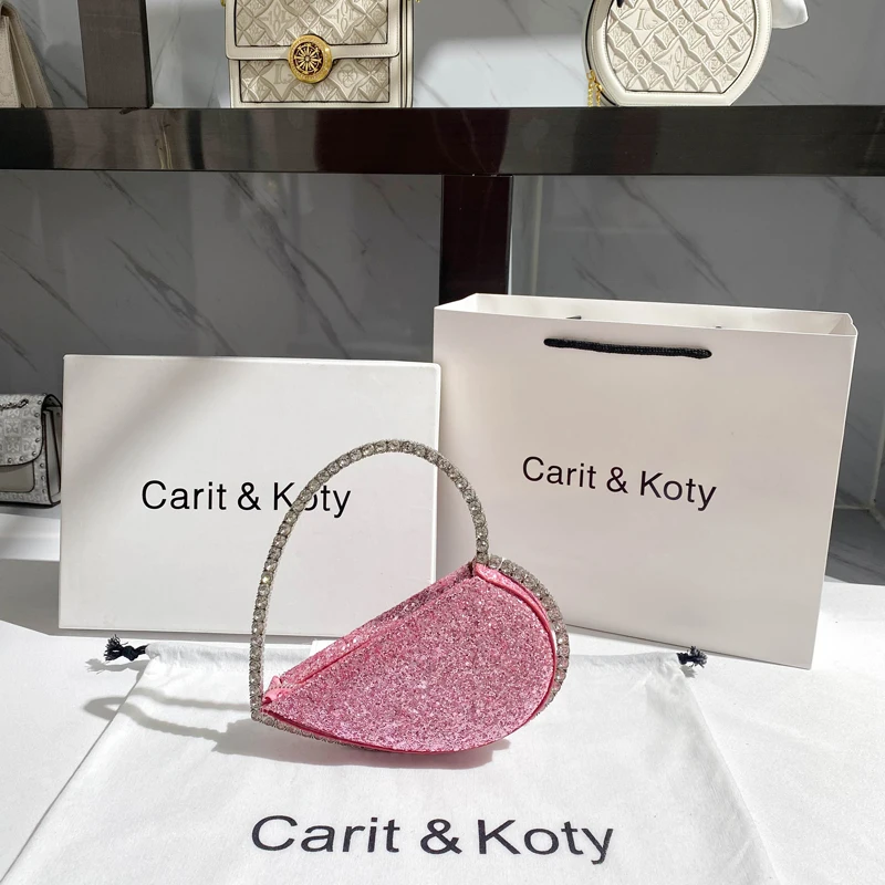 Glitter Sequins Heart-Shaped Fashion Women Handbag Crystal Shiny Rhinestones Metal Handle Evening Bag Wedding Party Clutch Purse