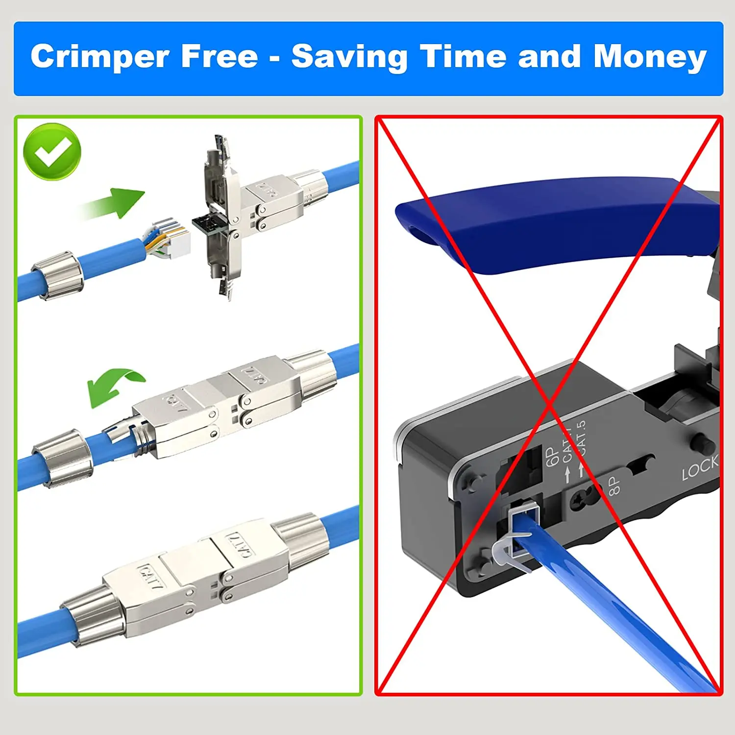 Zoeraxtool Free rj45カプラーシールド、ツールレスイーサネットケーブルエクステンダー、cat7、cat6a、cat6ネットワークケーブル用のPoe plus、シルバー