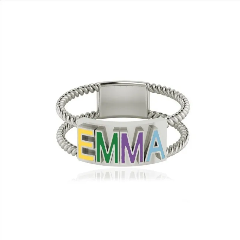 Customized Enamel Name Plate Bar Ring 18k Gold Personalized Name Ring Colorful Enamel Jewelry For Women Gold Dainty Enamel Ring