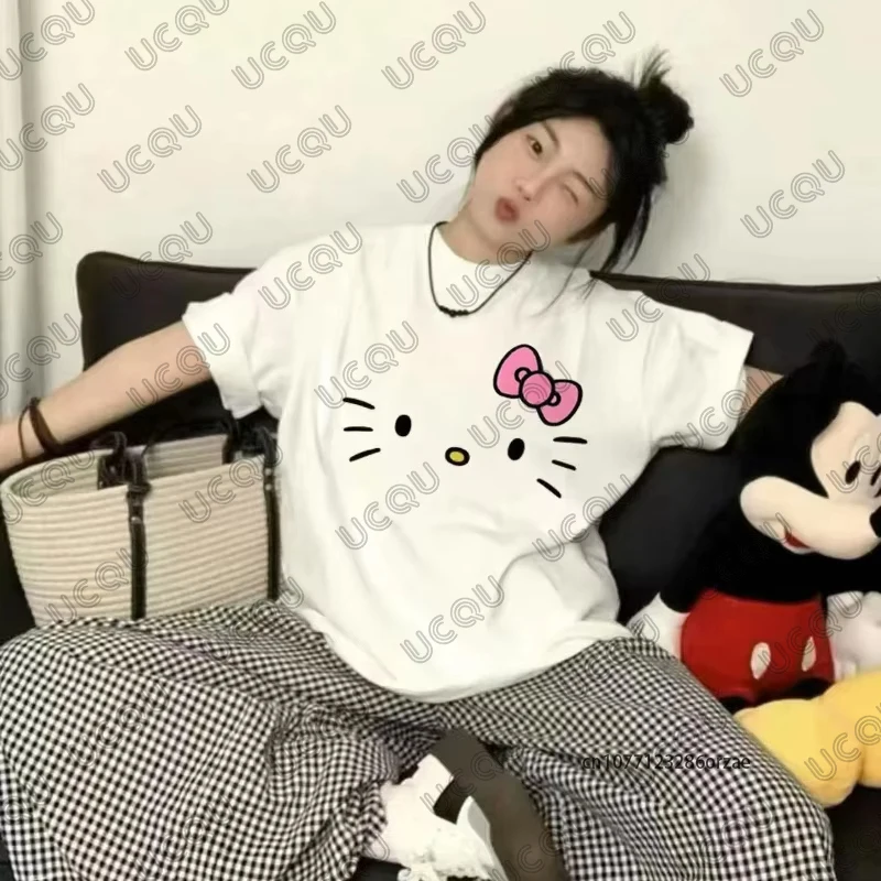 

Новая летняя корейская милая футболка с принтом «Hello Kitty» для женщин, хлопковые футболки с короткими рукавами и круглым вырезом, повседневная уличная одежда, топы Y2K