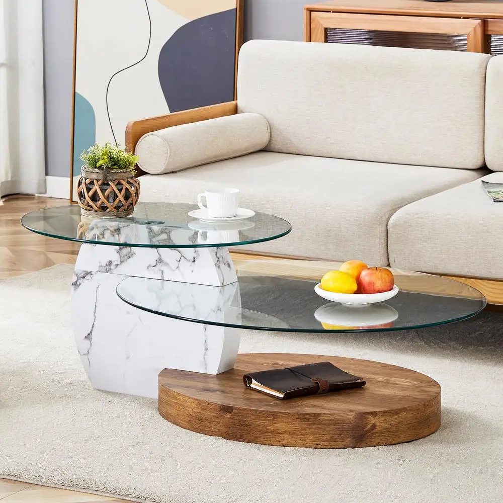 

Artistic Double Layer Coffee Table White Marble Wood Grain Collision Oval Tempered Glass MDF Base Modern Living Room Furniture