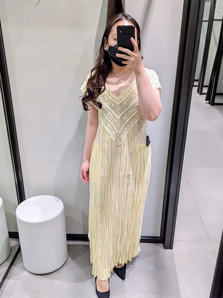 

Solid Pleated Women Dresses V-neck Lace Short Sleeve Lady Maxi Dress 2025 Summer Elegant A Line Ruched Ankle-length Female Robe